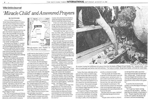 Artículo sobre "El Niño de los Milagros" publicado en el New York Times (10/08/96)